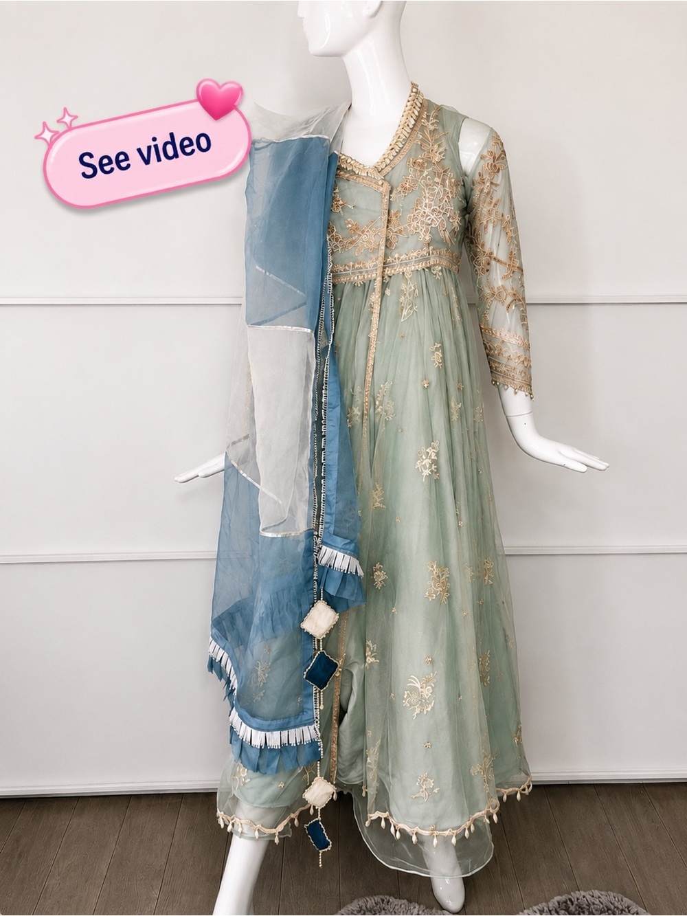 IDEAS Luxury Floating Elegance Sage Embroidered Formal Gown Eid Dress Sz Medium